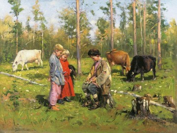 ペットと子供 Painting - 羊飼い 1904 ウラジミール・マコフスキー 子供 動物